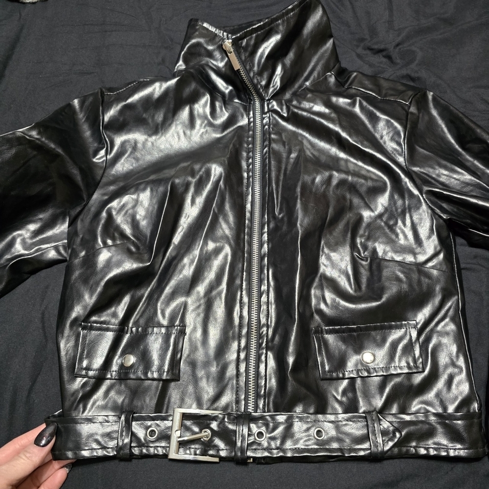 CHUCKY Black Faux Leather Jacket with Heart Patch - Picture 2 of 7